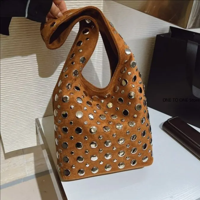 

Punk Biker Style Underarm Shoulder Bucket Bags For Women Rivet Decor Shopper Tote 2026 Luxury Designer Purses And Handbags
