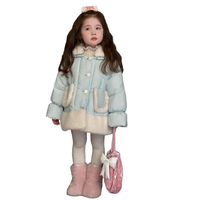 معطف قطني للفتيات الصغيرات للخريف والشتاء دافئ بلون سادة كوري كاجوال للأطفال ناعم وسميك مبطن ملابس خارجية متعددة الاستخدامات