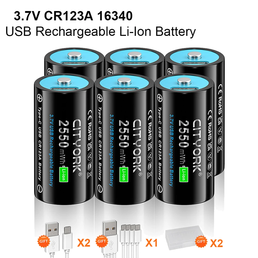 

CITYORK 3.7V 16340 16350 Rechargeable Battery USB Rechargeable RCR123 CR123 CR123A Btteries For LED Flashlight With USB Cable