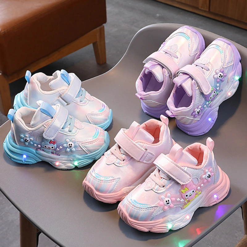 Sanrio Cute Melody Casual Shoes for Baby Girl Children Led Light Sneakers Kids Shoes Toddler Walking Shoes Kids Anti-slip Shoes