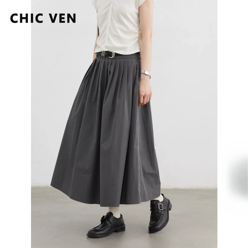 

CHIC VEN Korean Women Skirts Solid Loose Casual New A-line Pleated Skirt Big Hem Mid Length Skirt Spring Autumn 2025