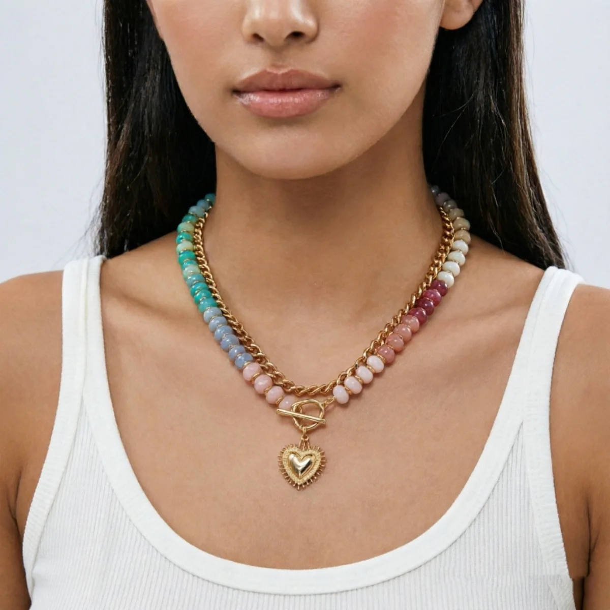 Y2K-Halskette mit Herzanhänger aus farblich abgestuften Harzperlen für Damen und Herren, Liebesherz, bunte Acrylperlen, Choker, ästhetischer Schmuck – Detail 9