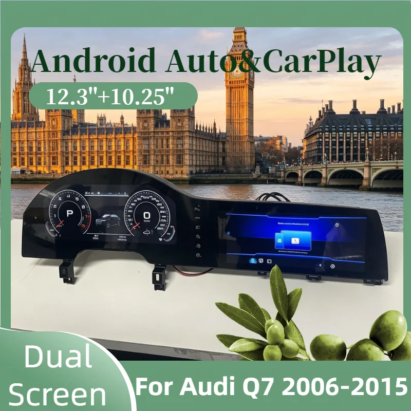 Android 14 CarPlay Auto 12.3+10.25 Inch Dusl Screen For Audi Q7 2006 2007-2015 Car Radio Multimedia Stereo Player GPS Head Unit