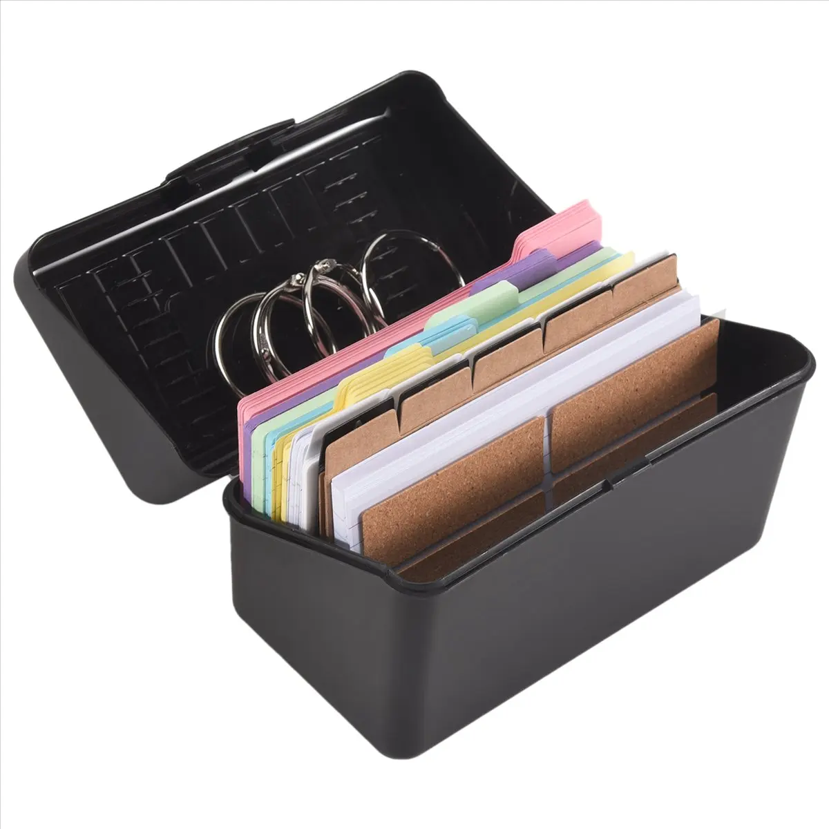 ●Index Card Holder Set,Index Box with 230 Assorted Flashcards, Colourful Lined, 6 Rings and Stickers Perfect for School