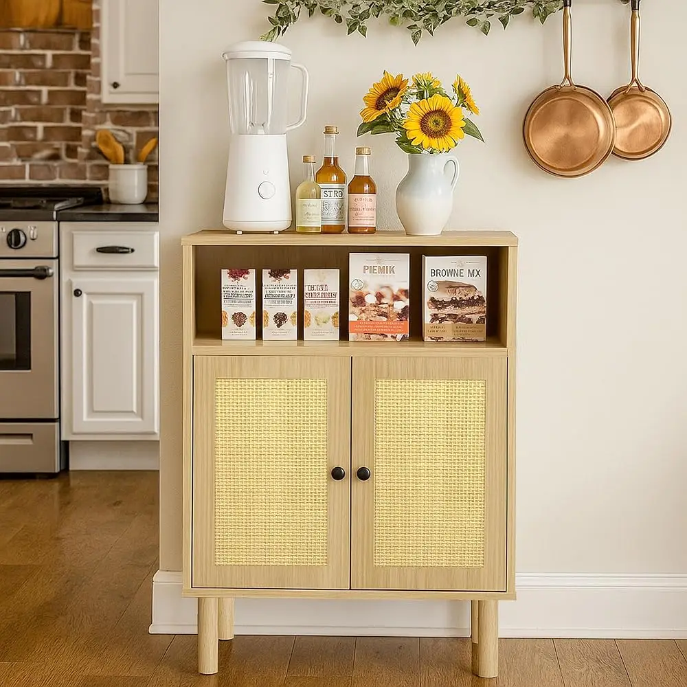 

Rattan Small Coffee Bar Cabinet, Kitchen Storage Sideboad,Bathroom Corner Floor Shallow Cabinet With Adjustable Shelves & 2