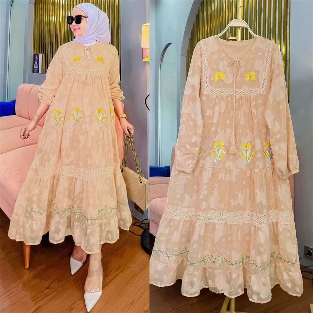 

Women Summer Embroidery Chiffon Long Dresses Muslim Abaya Dubai Kaftan Turkey Kebaya Islam Jalabiya Caftan Marocain Femme Robe