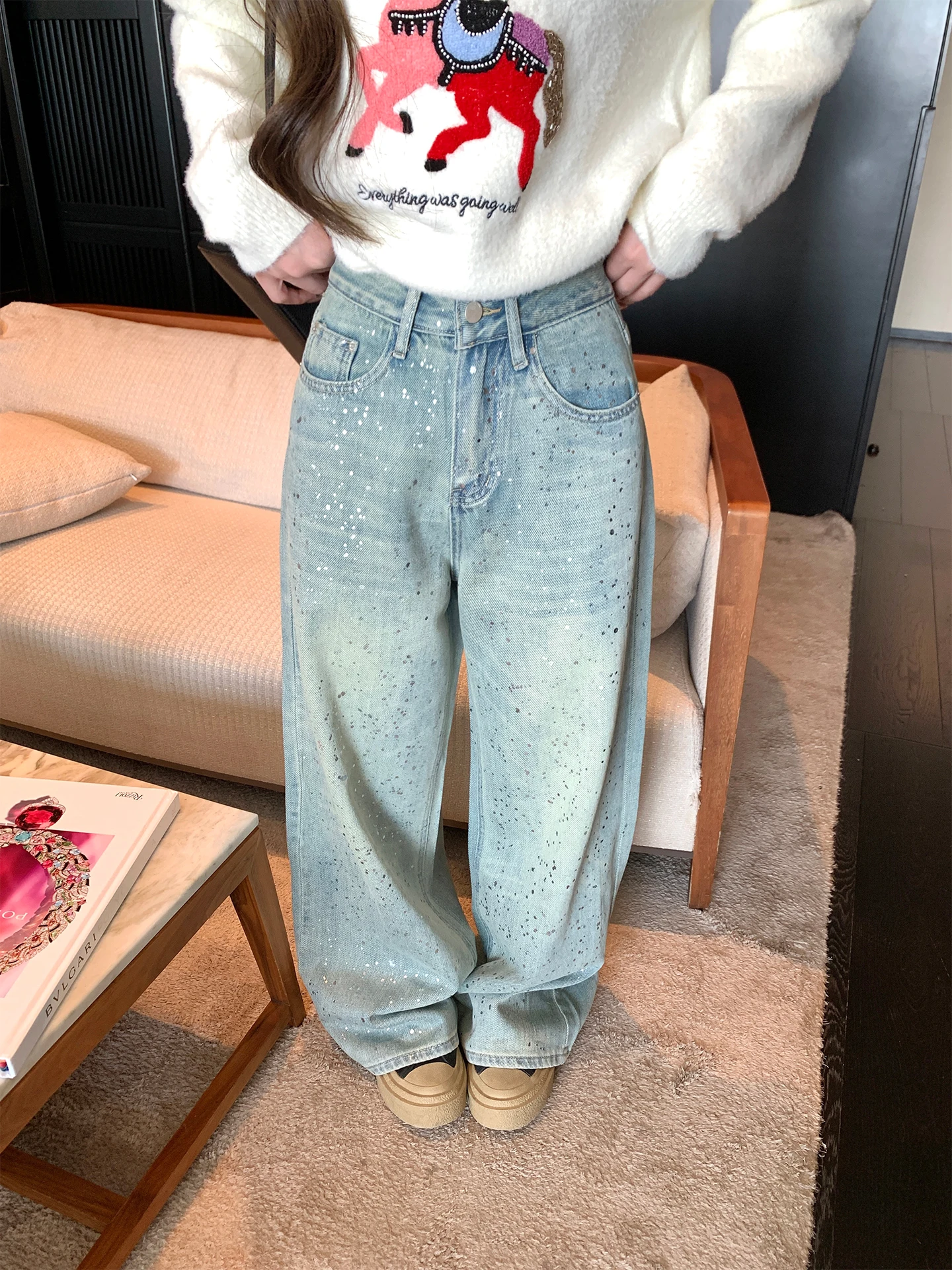 

Silver Splaed Wide Leg Jeans Women's Casual Versatile Slimming Long Pants High Waist Straight Tube Cotton Blend Daily Wear