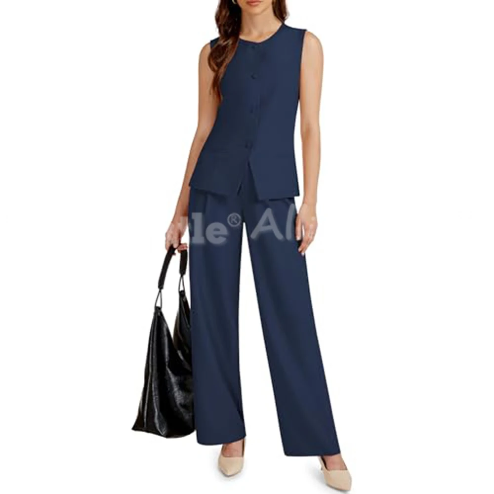 2 Piece Outfits for Women Business Casual Single Button Blazer Jacket and Wide Leg Pants