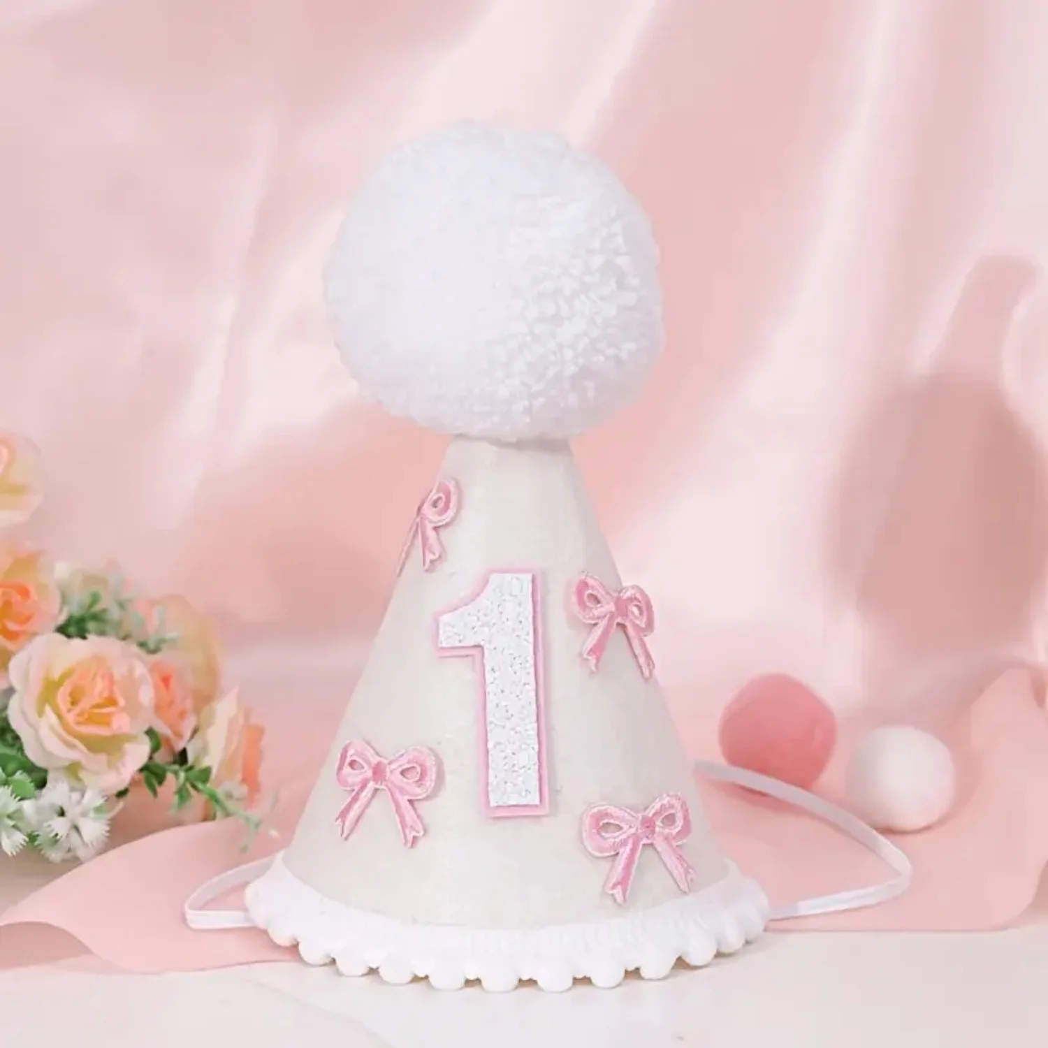 Rosa Schleife 1. Geburtstag Hut handgemachte Party Dekoration Kegel Hut erster Geburtstag Fotografie Atmosphäre Prop für Mädchen – Detail 11
