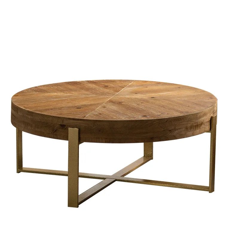 Wabi sand wind living room sofa, solid wood coffee table, retro old Internet celebrity small round table