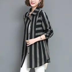 Fashion Lapel Button Pockets Striped Shirt Women's Clothing 2022 Autumn New Oversized Casual Tops All-match Commute Blouse