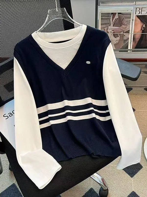 الراقية الأوروبية Sle مخطط تريكو المرأة قاعدة اللون Blo College Sle طويل Sve مطاطا جولة Ne ملابس يومية