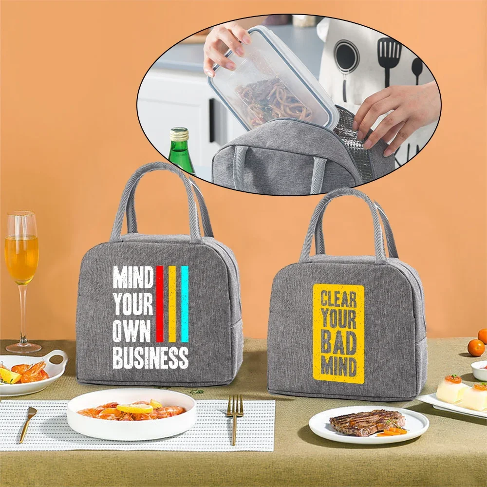 

Lunch Bag Women Child Food Thermal Dinner Lunch Box Insulated Canvas Cooler Bags Organizer Handbag Phrase Print Picnic Tote Pack