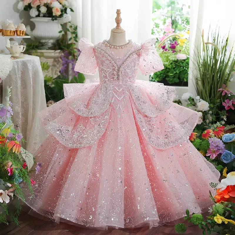 

Luxury Pink Girls Princess Dress Elegant Formal Gown Kids Birthday Outfit Flower Girl Dress for Competition Stage Performance