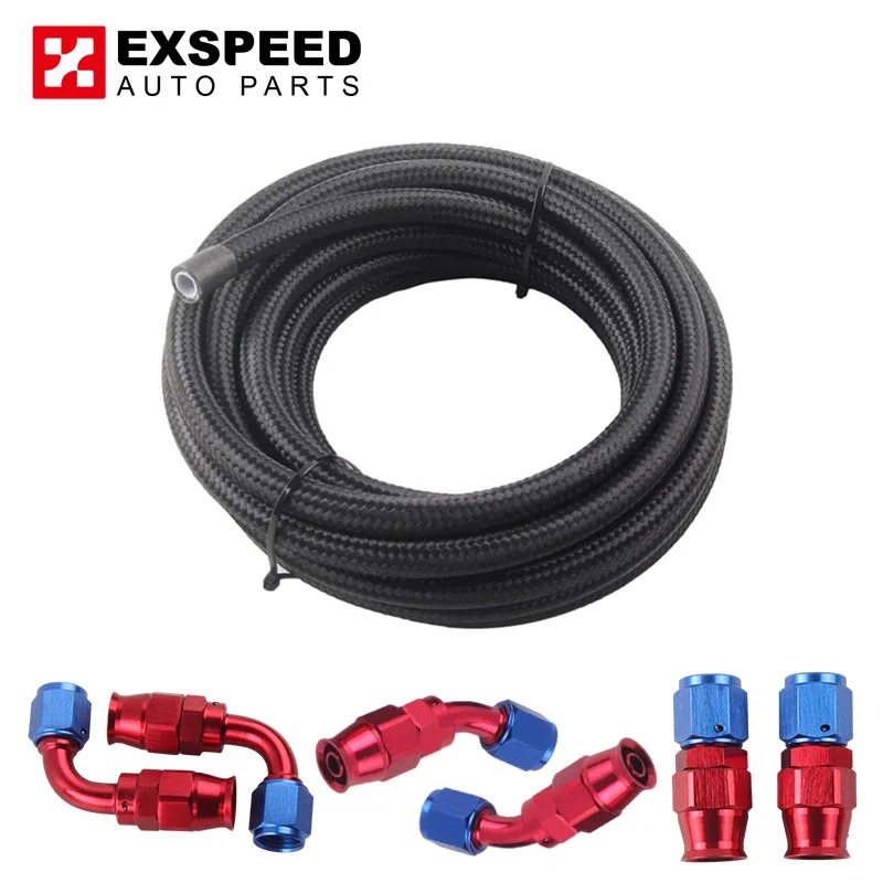 

6/8/10AN - AN6/8/10 Black Nylon Braided E85 PTFE Fuel Line 10ft 6 Fittings Hose Kit Gas Cooler Hose Braided Inside CPE Rubber