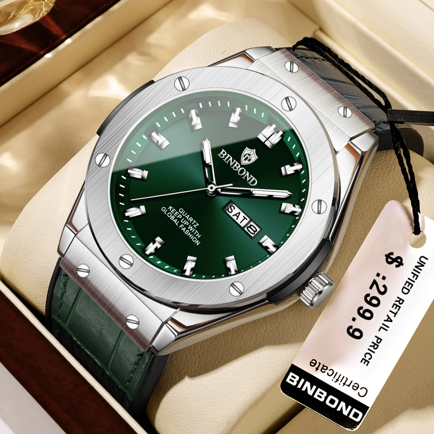 ساعات BINBOND Trend Fashion للرجال مقاومة للماء بحزام سيليكون أصلي كوارتز للرجال بمرآة معدنية وتاريخ الأسبوع