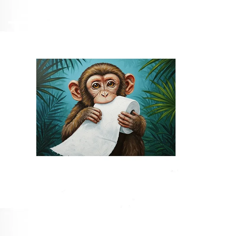 Monkey Chewing On Toilet Paper Painting, Print Art Canvas Poster, For Living Room Decor Home Wall Picture