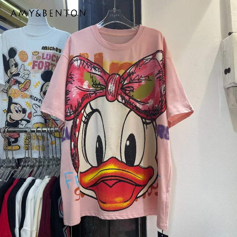 

Diamond Drill Cartoon Pure Cotton Short Sleeves T-shirt Women's Spring Summer Loose Oversized O-Neck Pullover Shirt For Ladies