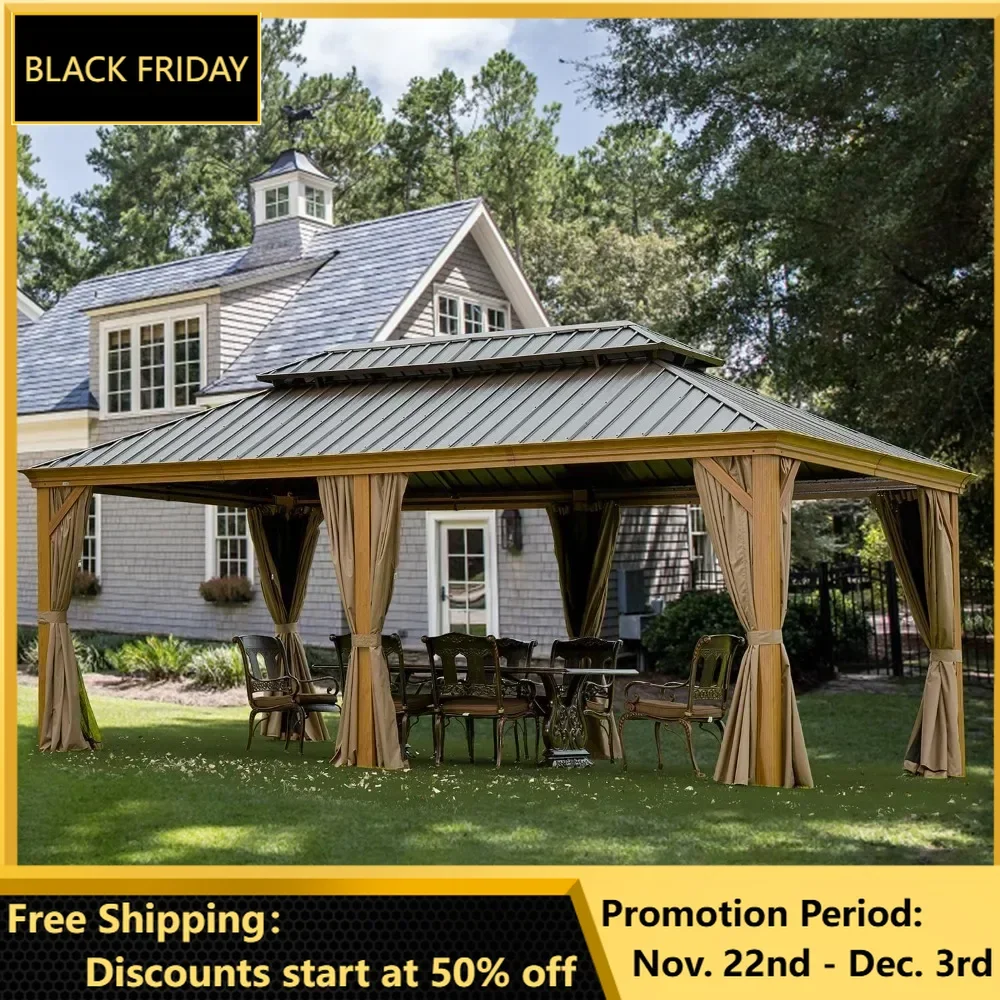 12’ x 20’ Hardtop Gazebo Outdoor Aluminum Wood Grain Gazebos with Galvanized Steel Double Canopy for Patios Deck Backyard