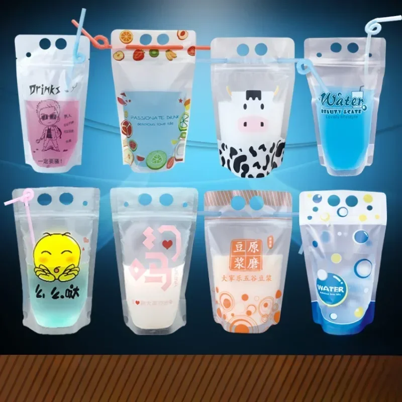 100pcs Disposable Beverage Bags Straw 500ML Self Sealing Juice Bag Milk Tea Cold Drinks Hot Drinks Portable Plastic Packing Sack