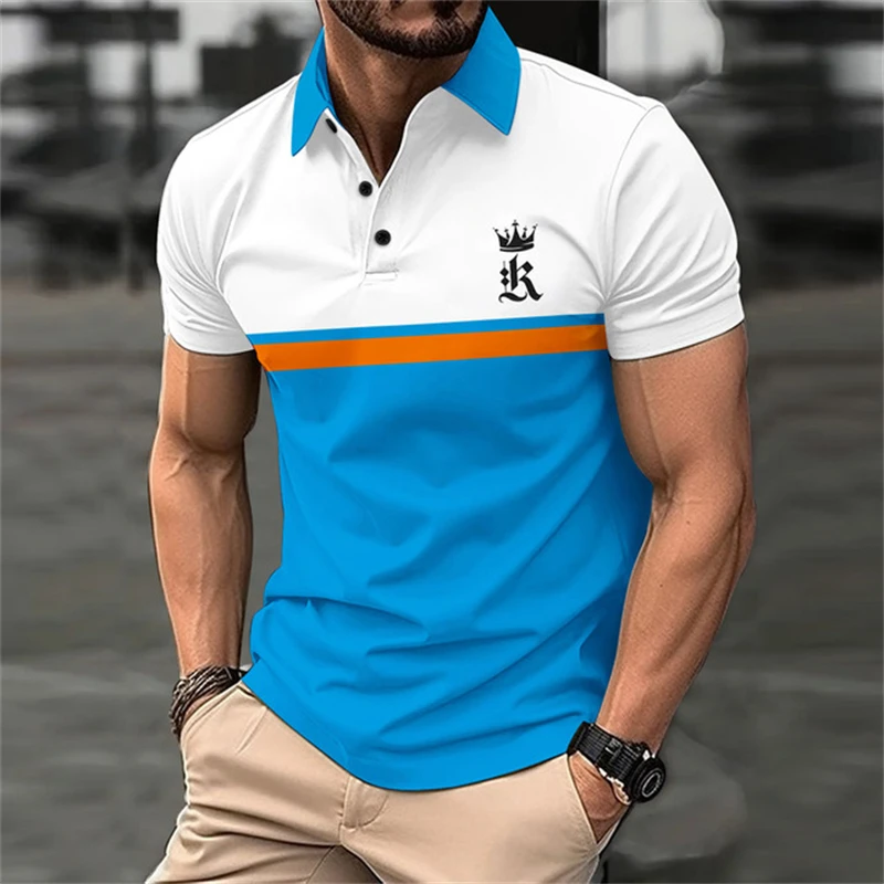Funny 3D Letter Stripe Print Polo T Shirt For Men Fashion Lapel Button Tops Business Casual Short Sleeve T-Shirts Golf Clothing