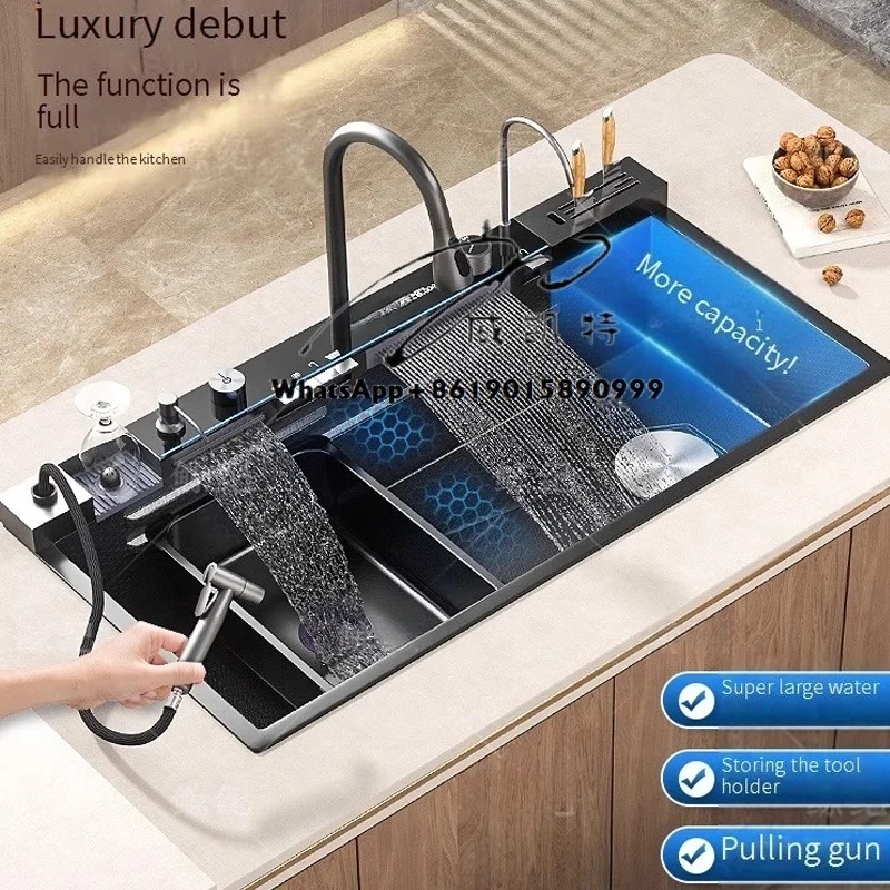 Discount Multifunctional Black Kitchen Sink 304 Smart Stainless Steel Large Sink with Dishwasher for Hotel Kitchen