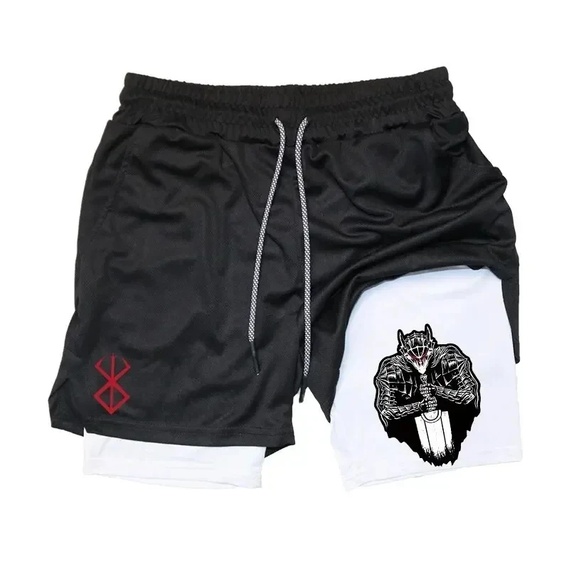 New Men Black Swordsman Print Shorts Berserk Guts Manga Sports Shorts  Comfortable Elastic Waist Male Breathable Running shorts