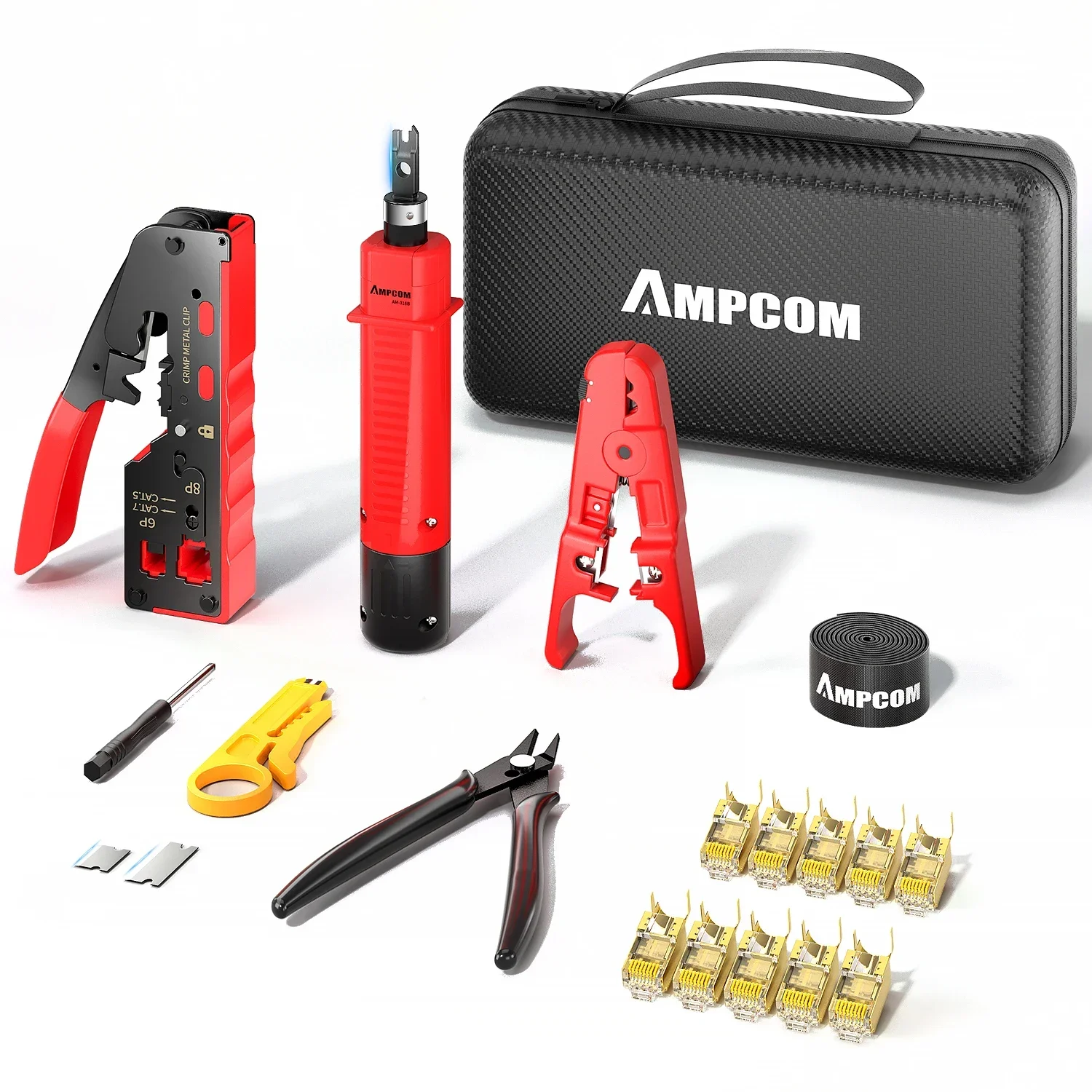 AMPCOM RJ45 Pass Through Krimpen Netwerk Tool Kit voor Cat5e Cat6 Cat7 met Netwerk Crimper/Punch Down Tool/TEL/LAN Kabel Tester