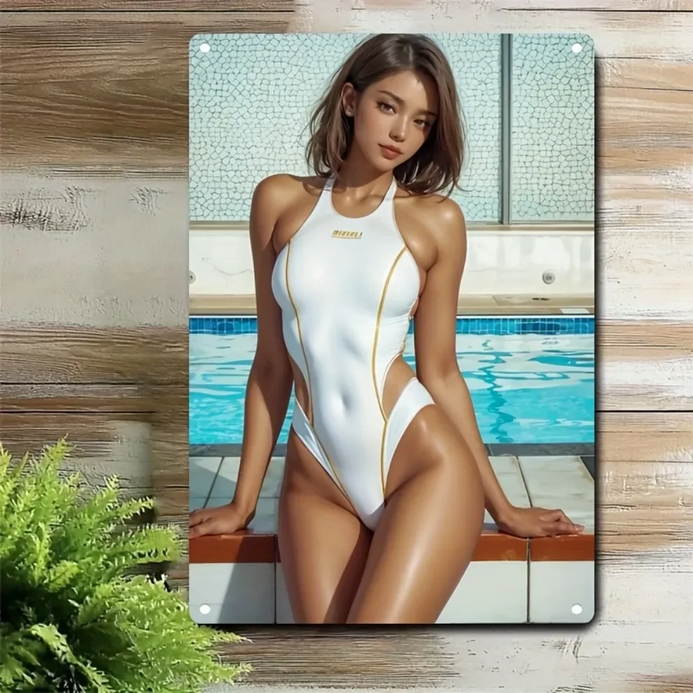 Korean Style Metal Wall Art, Gold Swimsuit Girl Poster Iron Plaque for Home Bar Cafe Decor