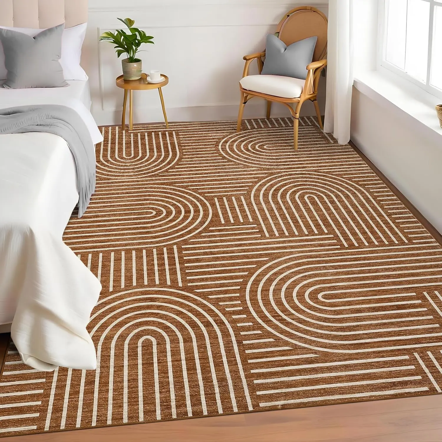 Minimalist Geometric Pattern Rug Washable Carpet for Bathroom Entryway Non-Slip Floormat for Dining Room Kids Room Brown Nordic