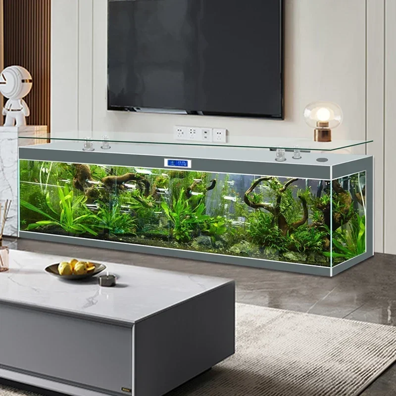 

Super White Glass TV Cabinet Fish Tank Ecological Change Water Floor Type Glass Bar Aquarium