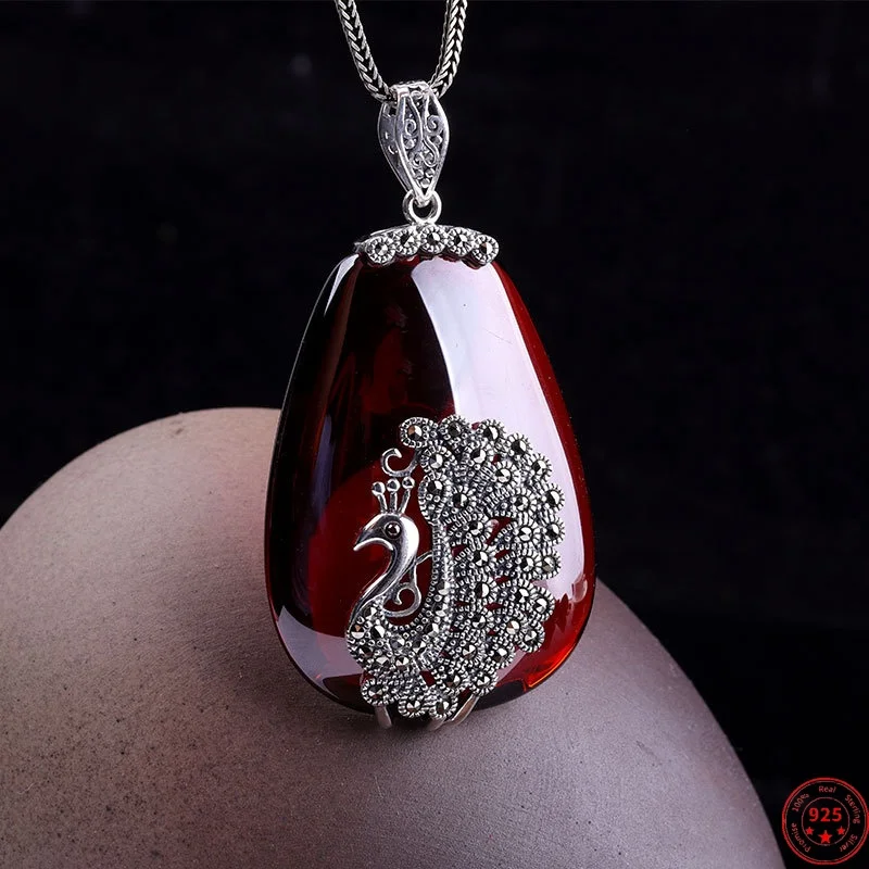 

S925 Sterling Silver Pendants for Women New Fashion Hollow Peacock Inlaid Garnet Chalcedony Marcasite Jewelry Free Shipping