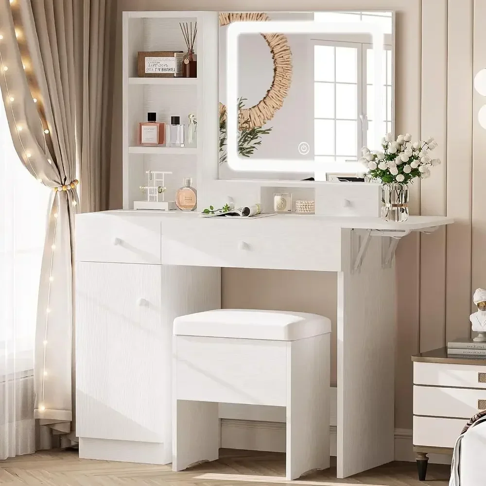 Elegant Vanity Desk with LED Mirror, Power Outlet, Storage Stool, Stylish Bedroom Makeup Table Set, White
