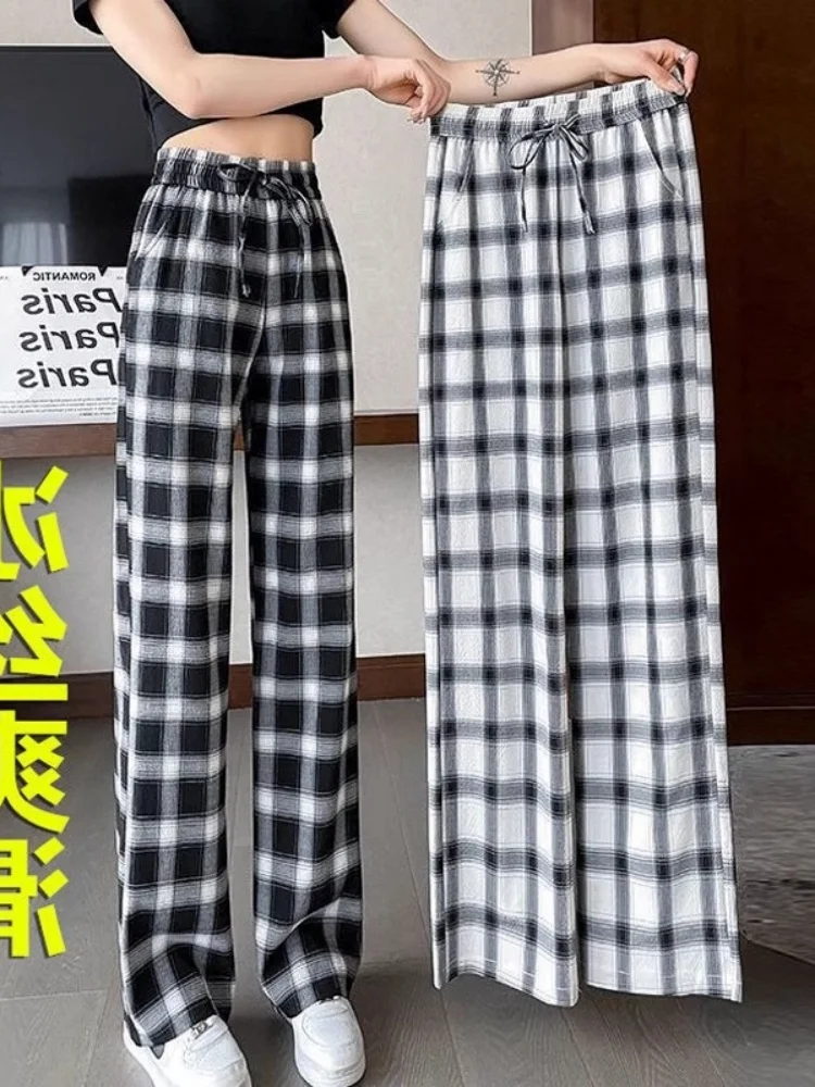 

Лето 2023, женские широкие брюки больших размеров с высокой талией, свободные утягивающие повседневные прямые брюки в клетку из ледяного шелка