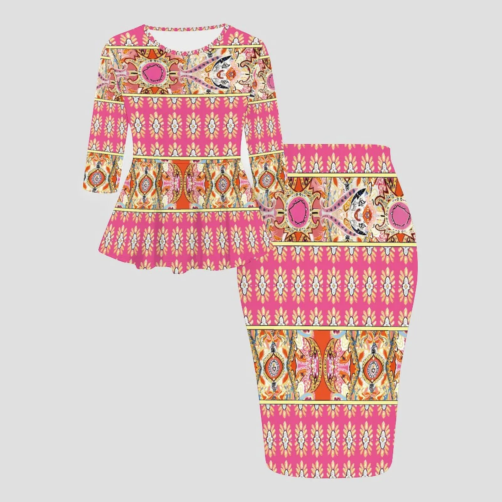 Autumn and Winter Fashion Floral Printed Round-neck Mid-sleeve  Knee-length Dress  Women's Commuting Elegant Suit