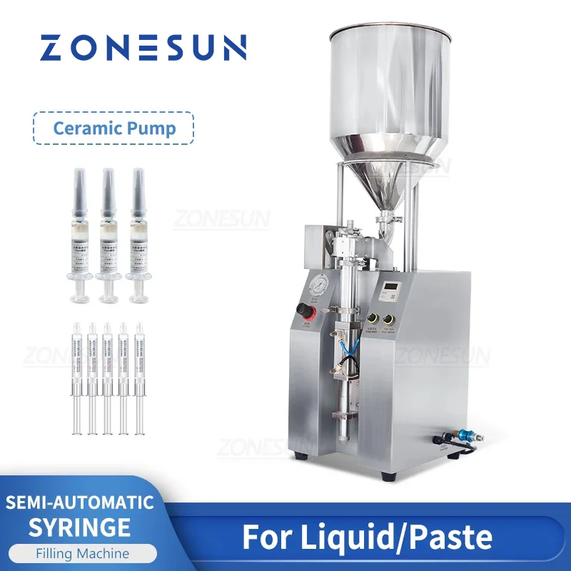 ZONESUN Liquid Paste Filling Machine Pneumatic Semi-Automatic Small Capacity Syringe Ceramic Plunger Pump Cosmetics ZS-YTCP12V