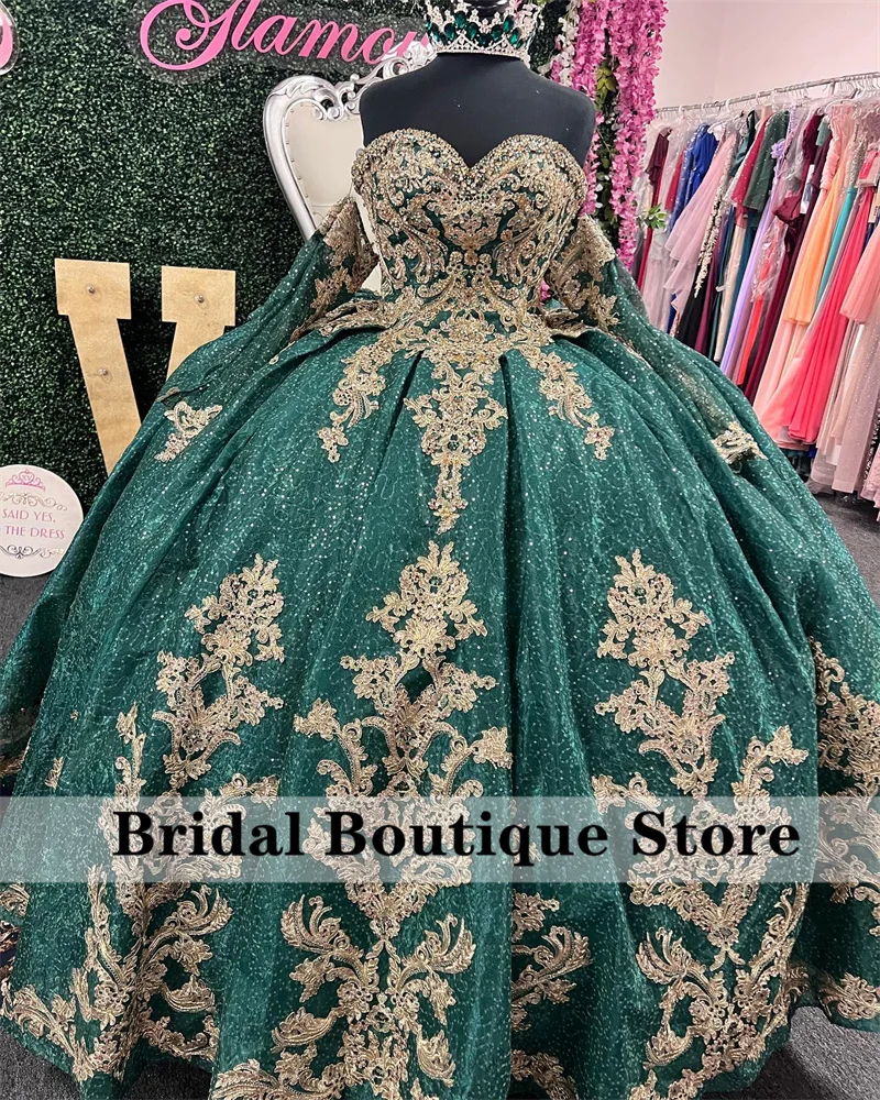 

Sparkly Crystals Green Quinceanera Dresses Two Sleeves Golden Appliques Beading Ball Gown Sparkly Crystatls Vestidos De 15 Años