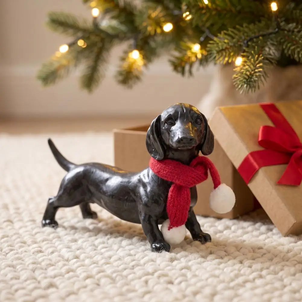 Small Sculpture Resin Dachshund Statue with Scarf Cute Christmas Puppy Figurine Holiday Home Desktop Decor Sculpture for Dog