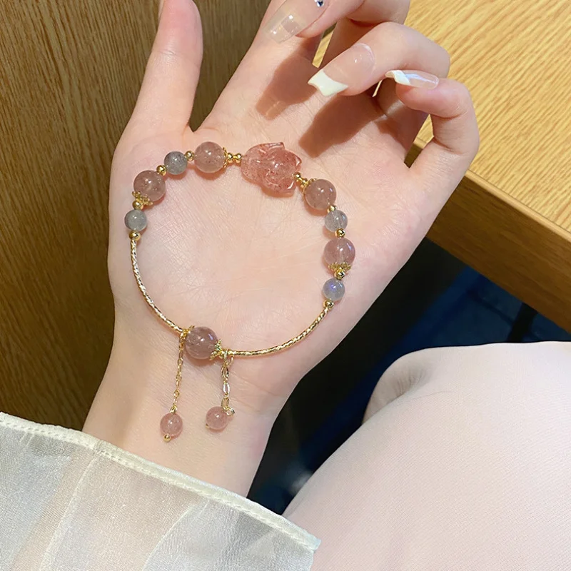 Super Fairy Princess Style Sweet Ins Strawberry Quartz Gray Moonlight Mild Luxury Retro Bear Bracelet Girlfriends Brace