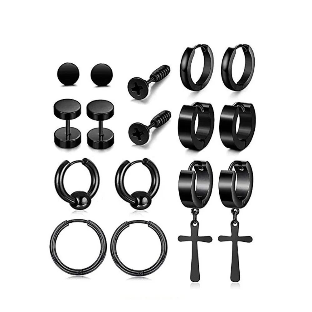 Unisex  Stainless Steel Black Stud Earrings Men's Punk Earring Set Gothic Rock Hiphop Hoop Circle Earring