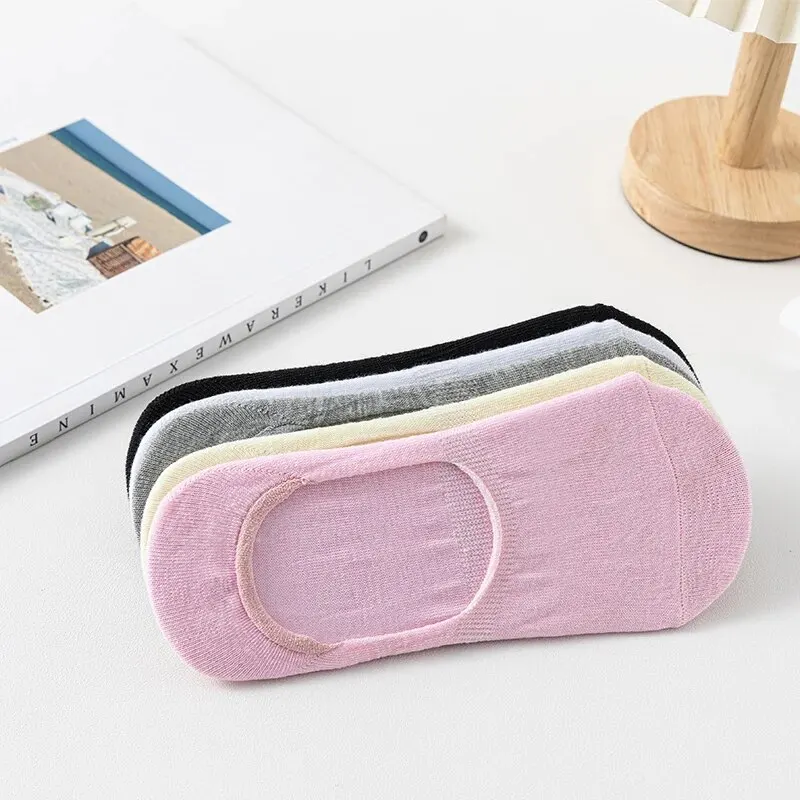 5 أزواج من الجوارب النسائية غير المرئية ذات اللون الصلب، جوارب كاحل ربيعية مضادة للانزلاق من السيليكون القطني، جوارب قارب رفيعة كاجوال قابلة للتنفس #3