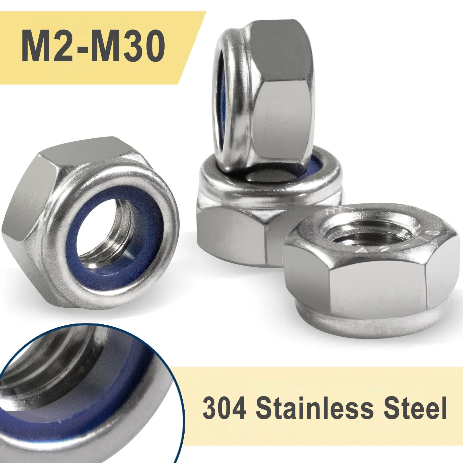 

M2 M2.5 M3 M4 M5 M6 M8 M10~M30 Nylon Insert Hex Lock Nuts 304 Stainless Steel Standard Metric Thread Nylon lock Nuts for Bolts