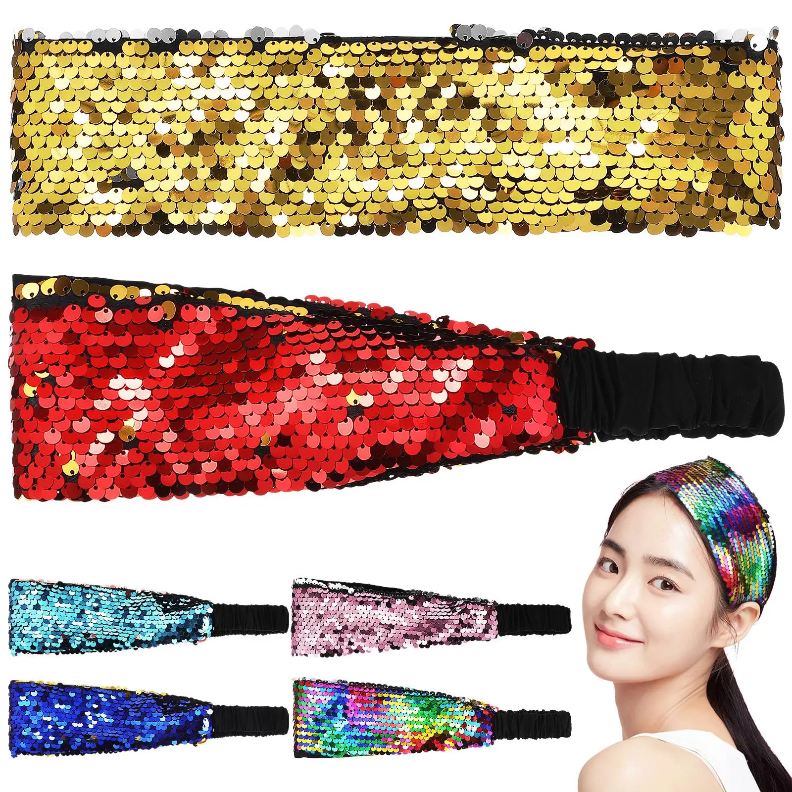 

6 Pcs Sparkly Hair B Elastic Reversible Disco Party Glitter Headpieces Bright Glitter Headb s Colorful Sequins