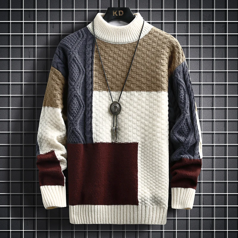 

Autumn and Winter New Sweater Warm Fashion Stitching Color Matching Pullover Round Neck Sweater Thickened Knitted Sweater