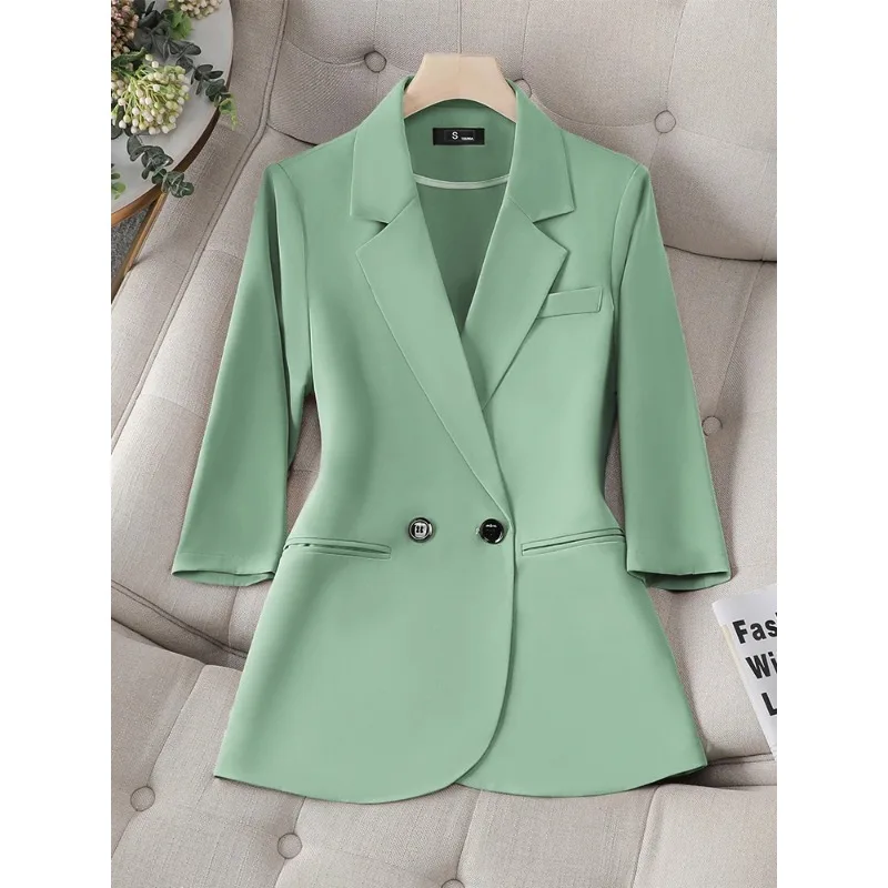 Women Suit Office Ladies Blazer White Green Yellow Black Coffee Female Half Sleeve Solid Formal Jacket Coat Spring Summer Outfit