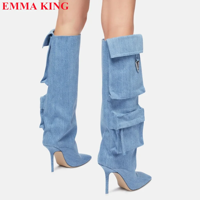 Women's Denim Pocket Knee High Boots Fashion Stiletto High Heels Square Toe Long Boots Designer Party Shoes Woman Large Size 43