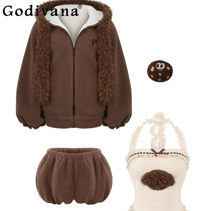 الإناث اليابانية نمط لوليتا وتتسابق محبوك بروتيل أفخم السراويل أفخم سترة مع بروش ثلاث قطع مجموعة النساء الدعاوى الحلو