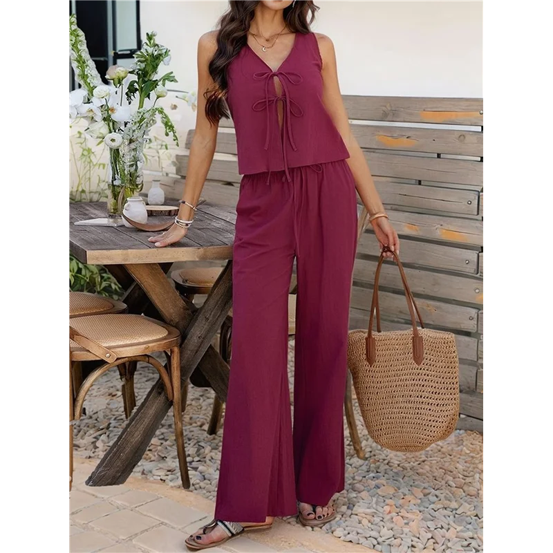 A74G-Conjunto feminino de 2 peças com decote em V e gravata na cintura e conjuntos de calças casuais de pernas largas