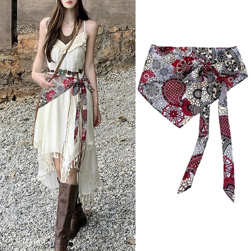 

Women White Paisley Skirt Overlay Triangle Waist Scarf Floral Print Layering Mini Skirt Spring Summer Accessory