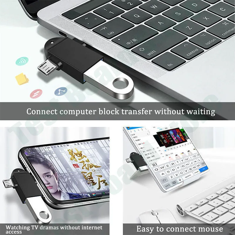 1Pce Type-C 2-in-1 USB Converter OTG Mini USB 3.0 Micro Adapter Mobile USB Drive with Hanging Rope Compact Portable Adapter